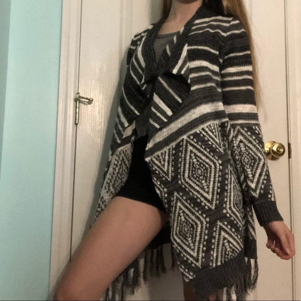 Gray and white long knit sweater